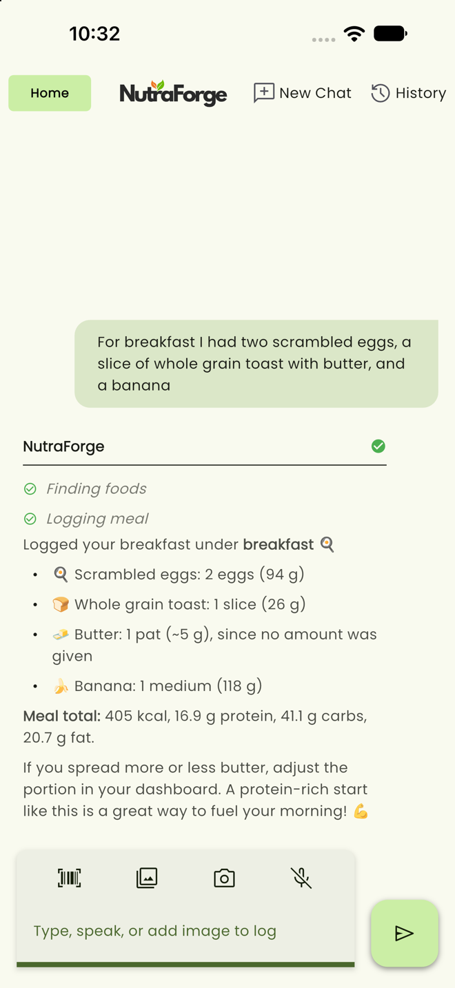 NutraForge chat after the user typed a breakfast: the app lists each food with its portion and shows the meal total.