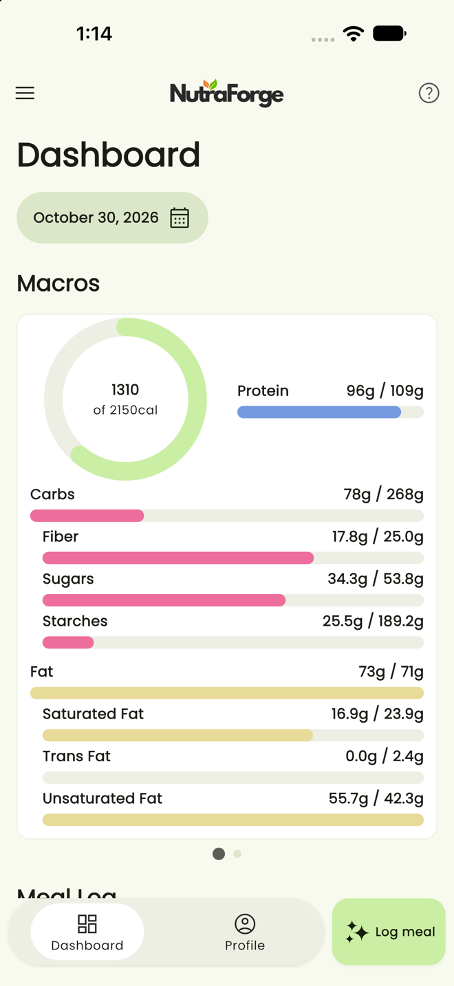 NutraForge dashboard showing calories, protein, carbs and fat against daily targets.