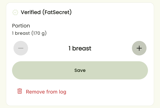 A NutraForge food entry showing its data source, a portion stepper, a Save button and Remove from log.